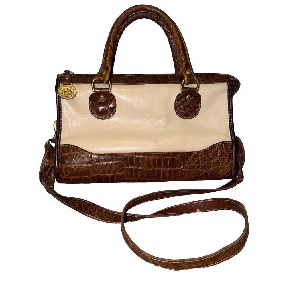 vintage Brahmin Ivory satchel  With brown crocodile-embossed leather trim.‎